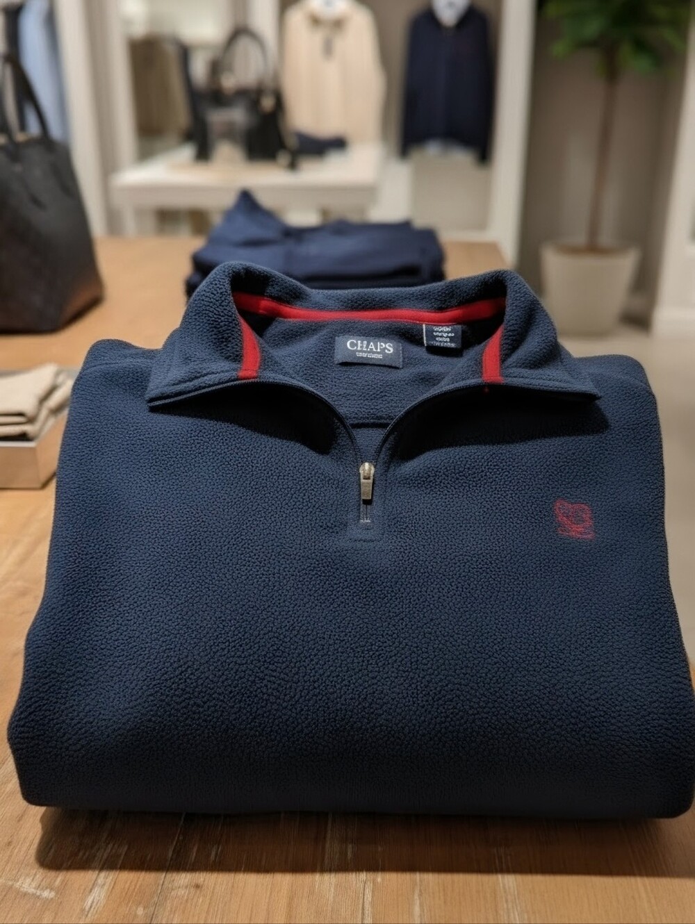 Chaps Men's Navy Quarter-Zip Fleece Pullover with Red Trim XL